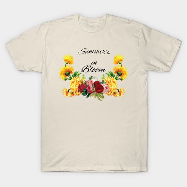 Summer's in Bloom, Red, Pink Roses with Yellow Flowers T-Shirt by tribbledesign